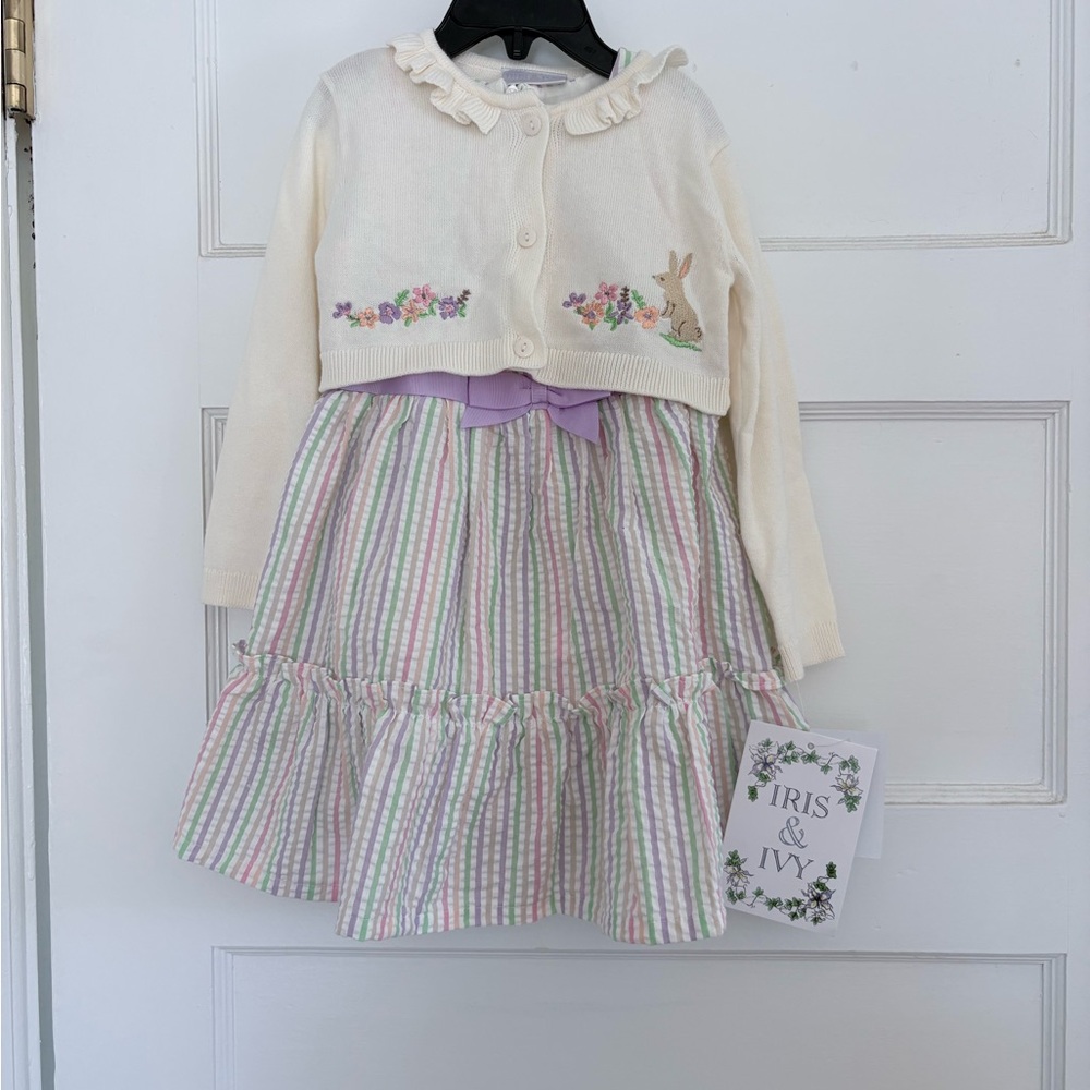 Iris & Ivy Cream Cardigan and Striped Dress Set
